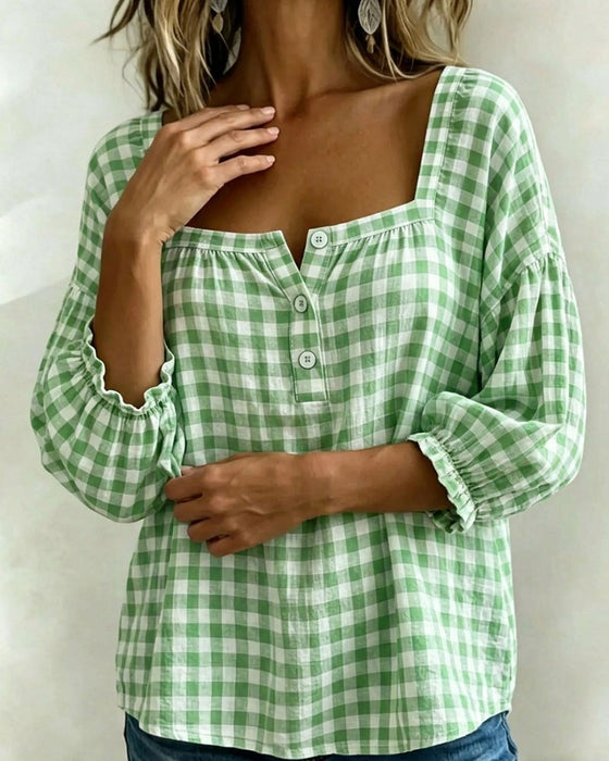 Blouse Vierkante Hals Knoopsluiting Ruit