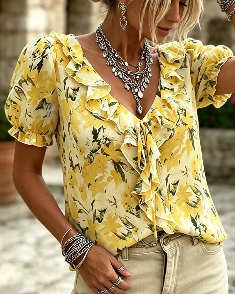 Blouse V-Hals Ruffle Ballon Mouw