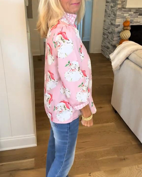 Blouse Met Kerstmanprint En V-Hals