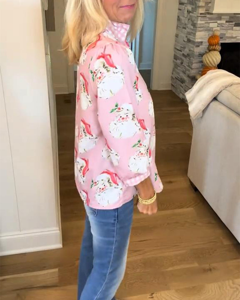 Blouse Met Kerstmanprint En V-Hals