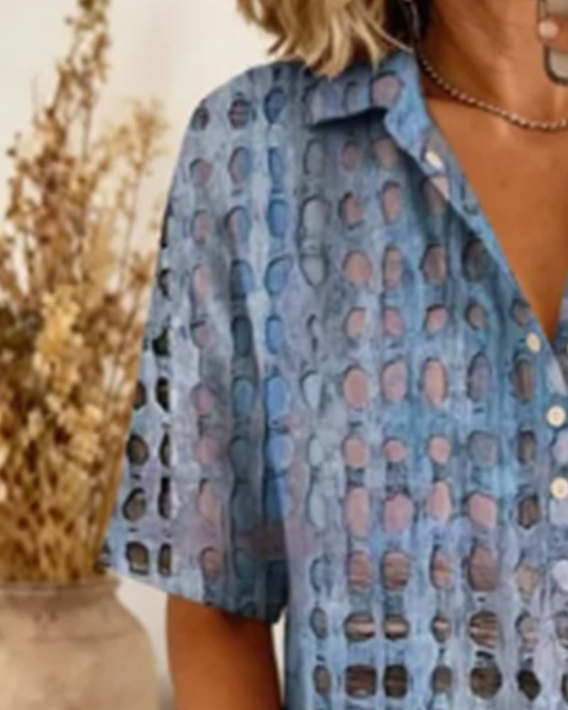 Blouse Stippenprint Knoop Half Knoopsluiting