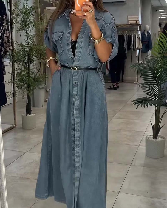 Jurk Shirt Kraag Zak Knoop Denim