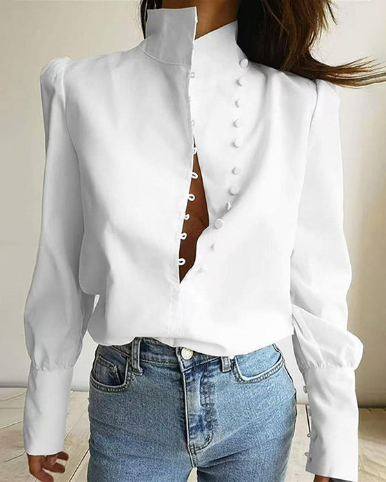 Blouse Opstaande Kraag Knoopsluiting Lange Mouw