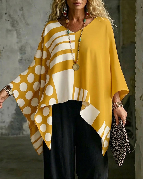 Blouse Polka Dot Streep Patchwork V Hals