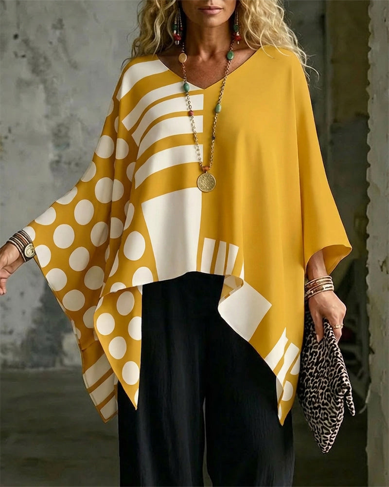 Blouse Polka Dot Streep Patchwork V Hals