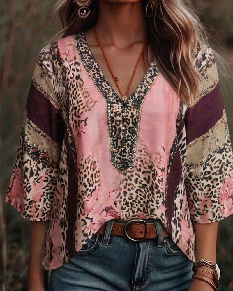 Blouse V-Hals Luipaard Kleurblok