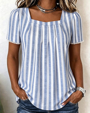 Blouse Gestreept Vierkante Hals Korte Mouw