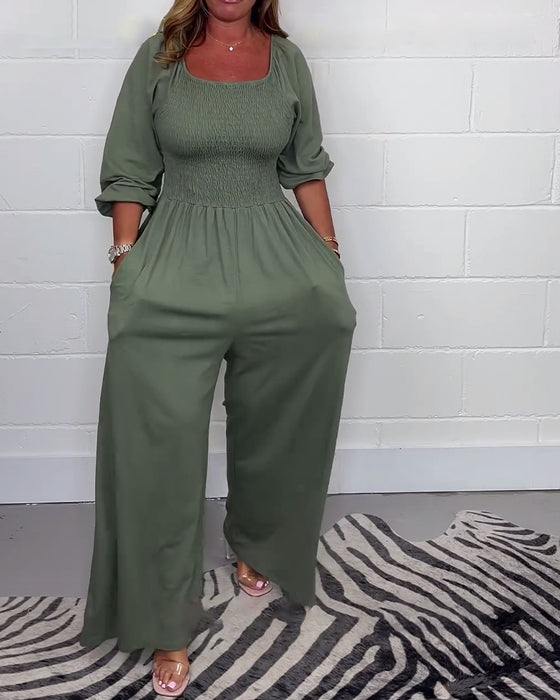 Jumpsuit met vierkante hals en zak in effen kleur