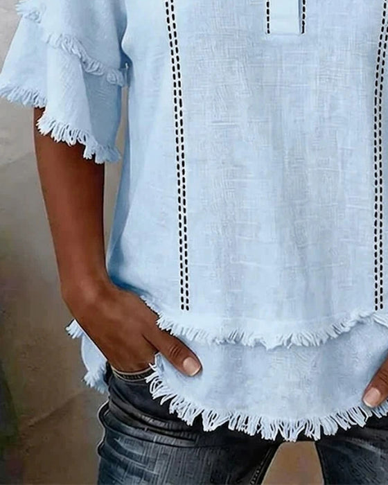 Blouse V-Hals Ruffle Laag Half Knoopslits Knoop
