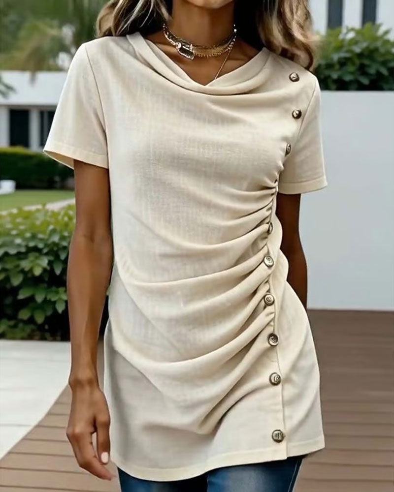 Blouse Slim Fit Gedrapeerde Hals Korte Mouw