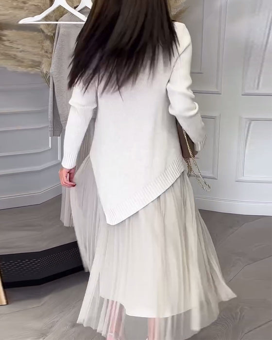 Twee-Delige Set Met Pullover En Rok In Ronde Hals En Onregelmatig Design