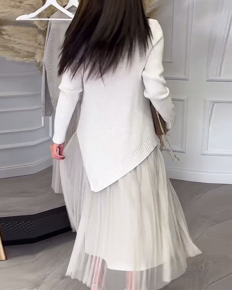 Twee-Delige Set Met Pullover En Rok In Ronde Hals En Onregelmatig Design