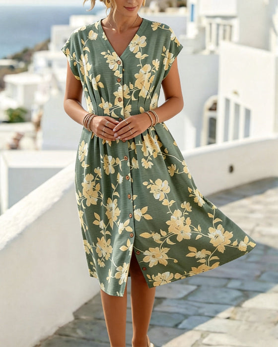 Jurk V-Hals Print Getailleerde Taille Knoopsluiting Voorzijde