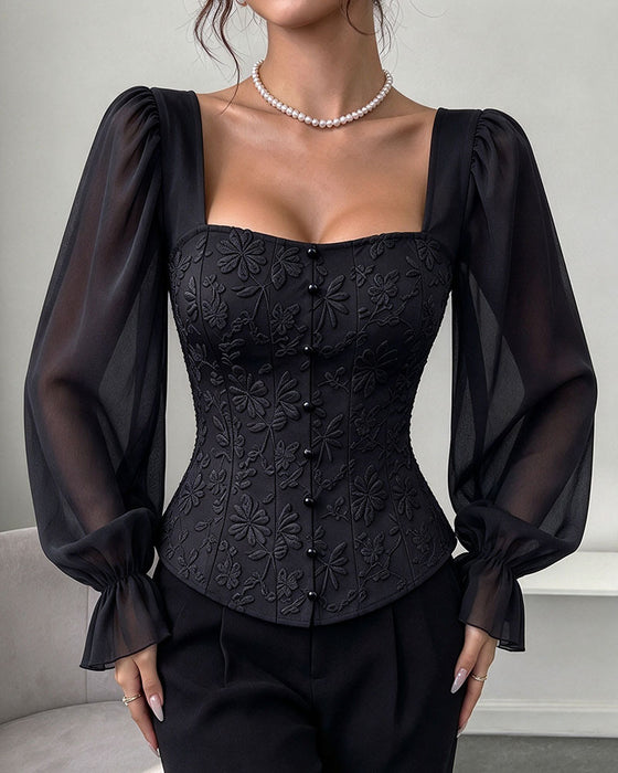 Blouse Vierkante Kraag Knoop Gerimpeld