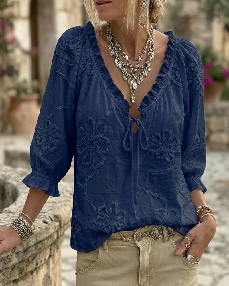 Blouse 100% Katoen V-Hals Wikkel Strik Gerafeld
