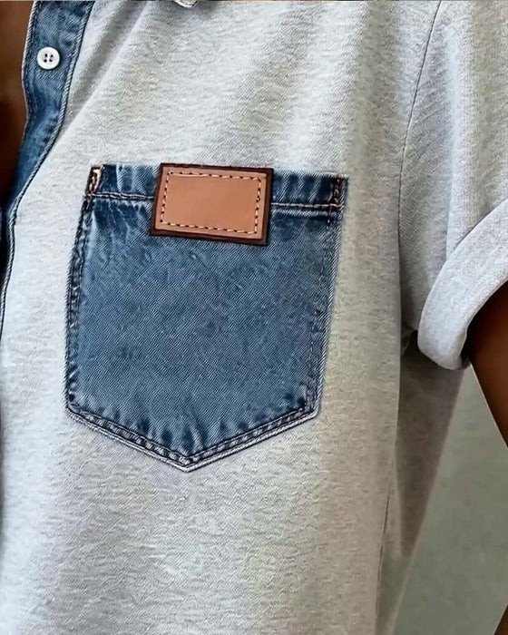 T-Shirt Denim Patchwork Omslagkraag