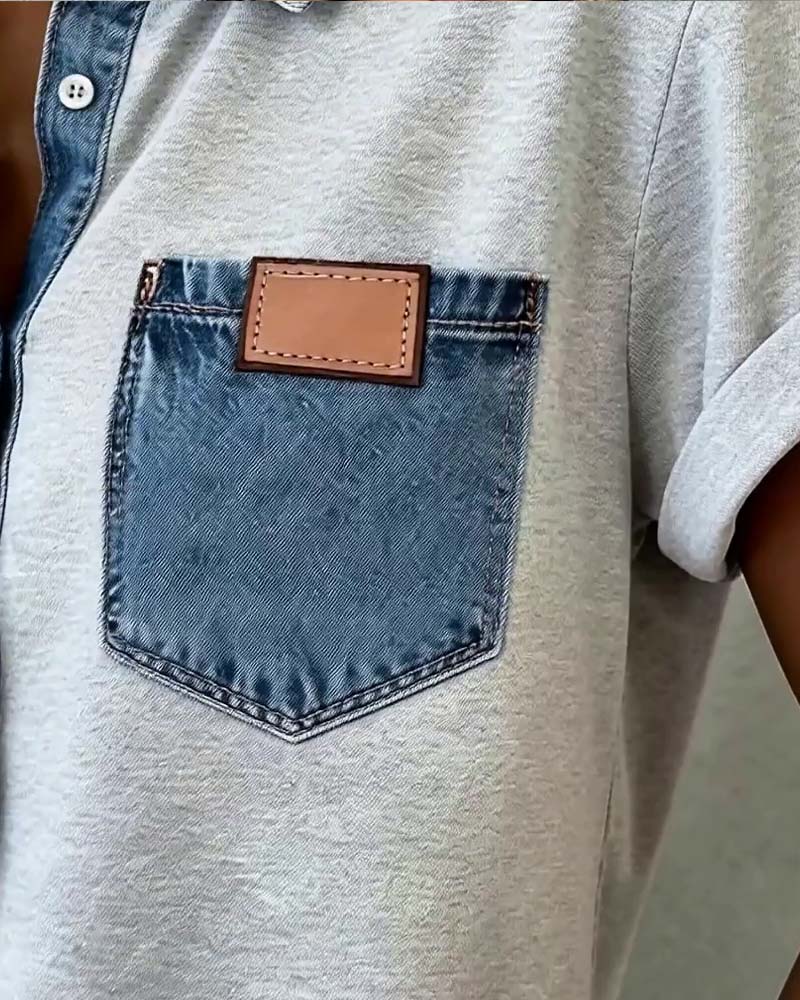 T-Shirt Denim Patchwork Omslagkraag