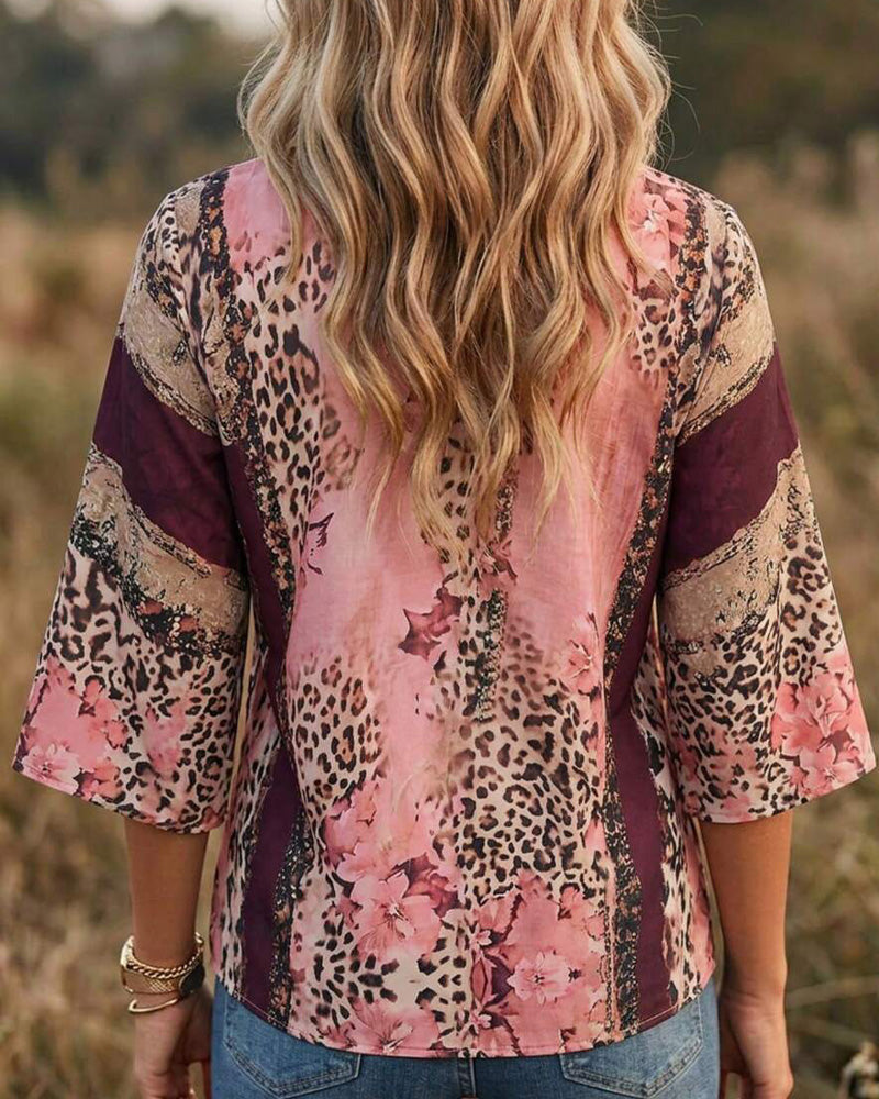 Blouse V-Hals Luipaard Kleurblok