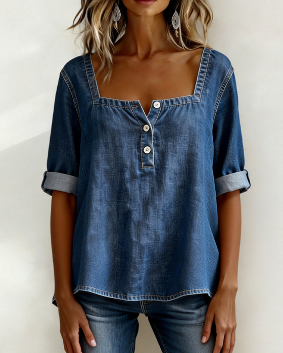 Overhemd Vierkante Hals Denim Halve Mouw