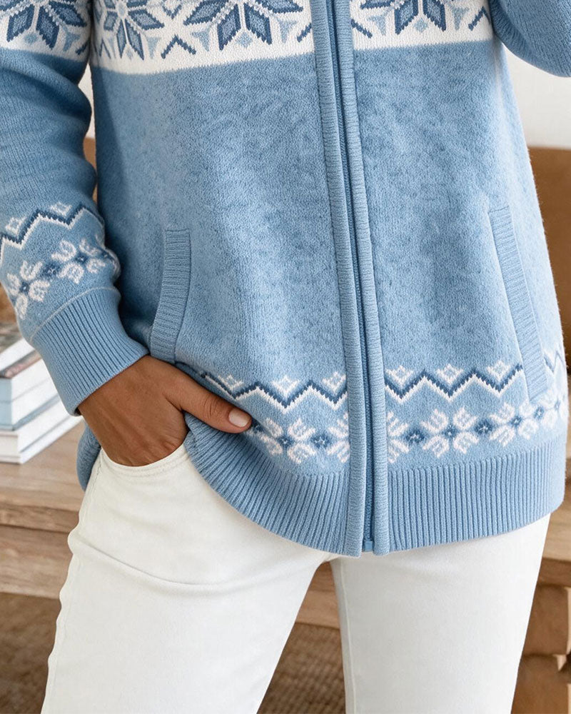 Cardigan Met Capuchon Rits Sneeuwvlok Print