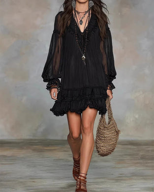 Jurk V-Hals Lange Mouw Ruffle