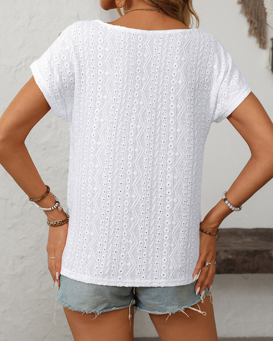 Blouse Ronde Hals Knop Uitsnijding Korte Mouwen