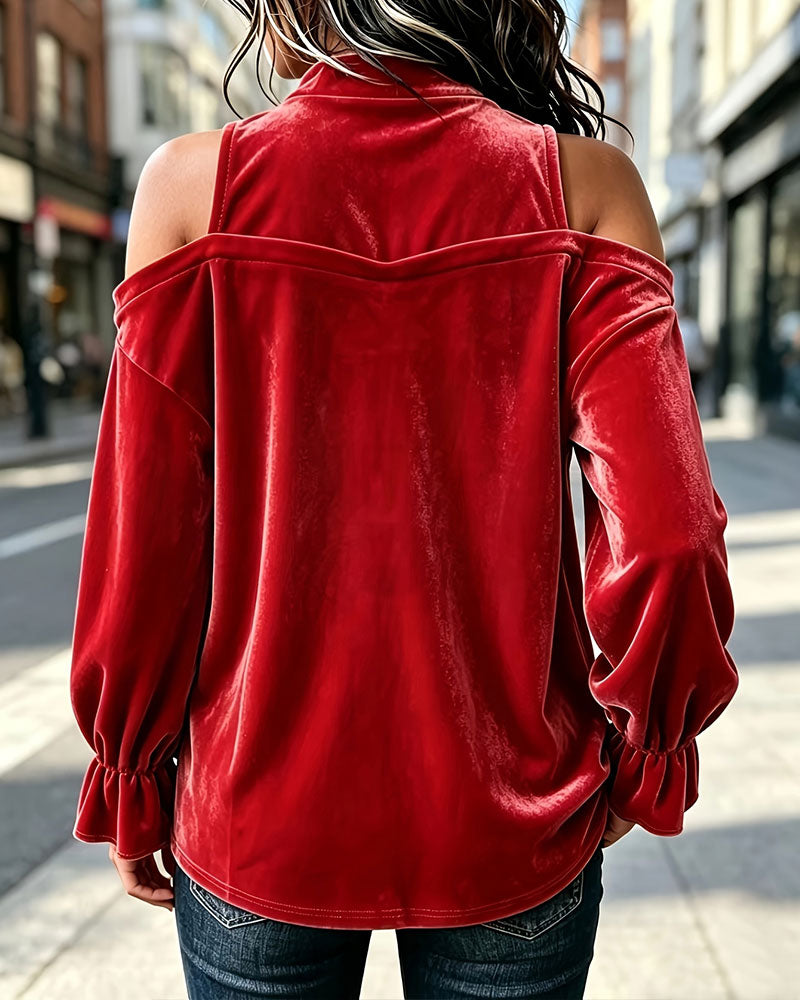 Blouse Fluweel Bardot Houten Knoop