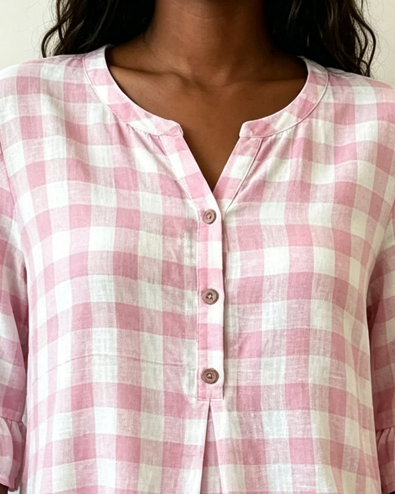 Blouse V-Hals Knoop Voor Geruit Ruffle