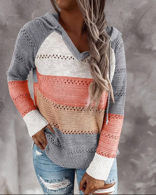 Pullover Kleurblok Uitsnede Met Capuchon Gebreid