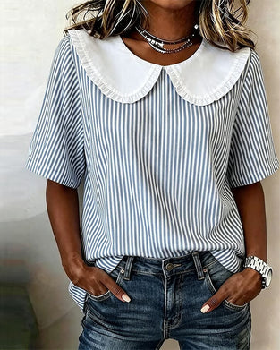 Blouse Gestreept Peter Pan Kraag Korte Mouw