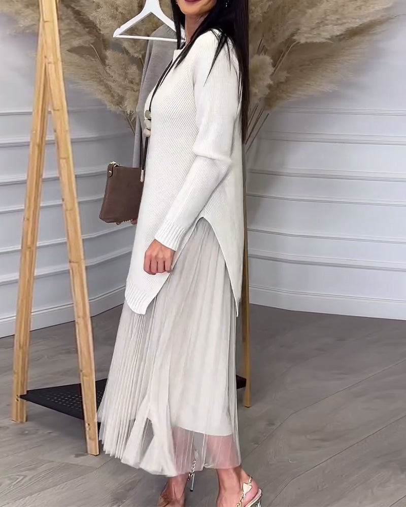 Twee-Delige Set Met Pullover En Rok In Ronde Hals En Onregelmatig Design
