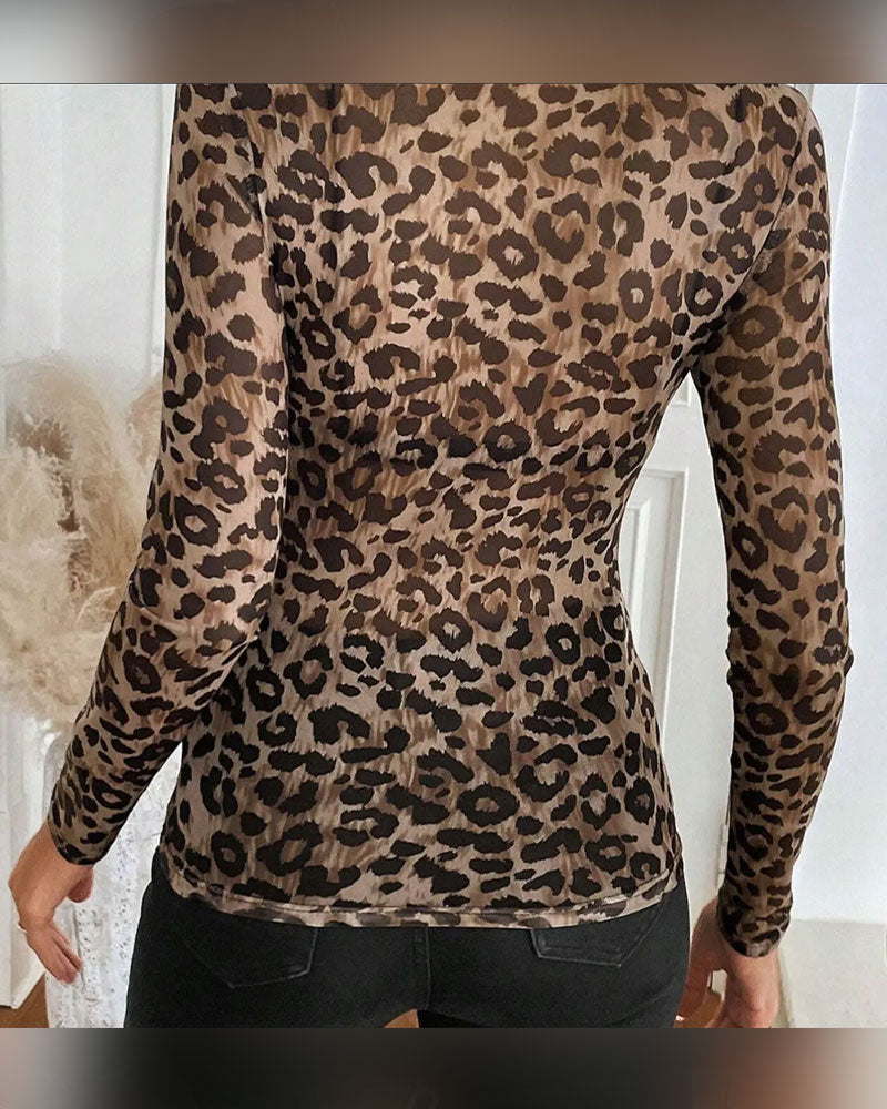 Top Luipaardprint Ronde Hals Lange Mouw