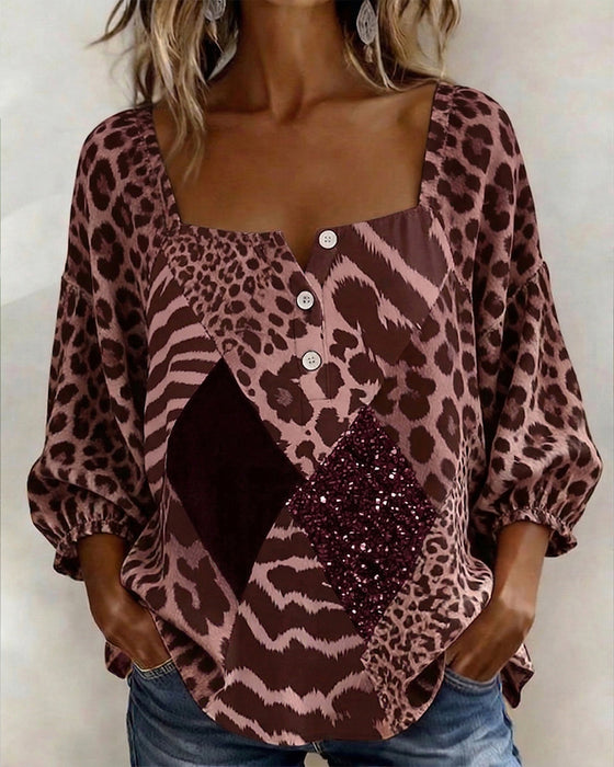 Blouse Vierkante Hals Luipaardprint Patchwork Paillet