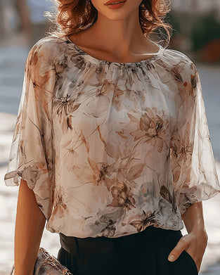 Blouse Inkt Was Bloemen Ballon Mouw
