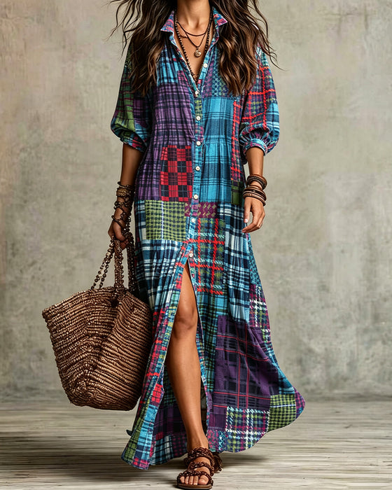 Jurk Halflange Mouw Geruit Split Shirt
