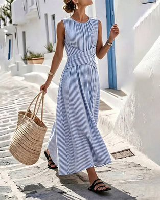 Jurk Streep Twist Taille Mouwloos Maxi