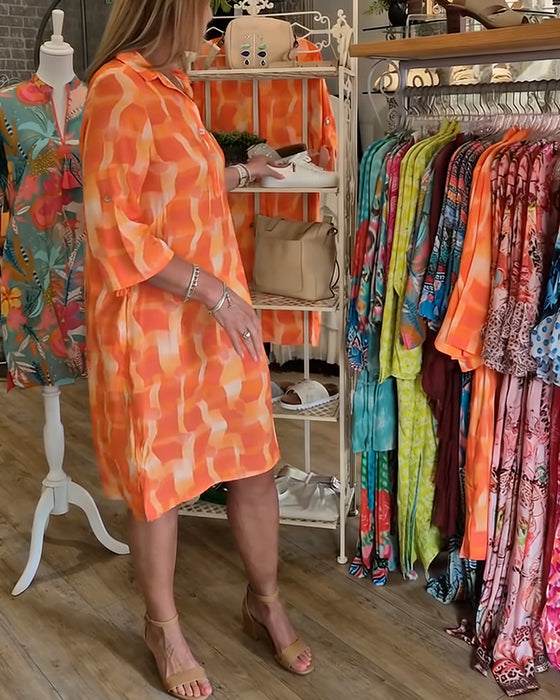 Jurk Driekwart Mouw Met Kraag Geometrische Print