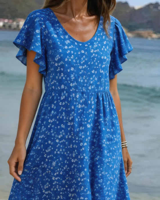 Jurk U-Hals Taille Print Flutter Mouw