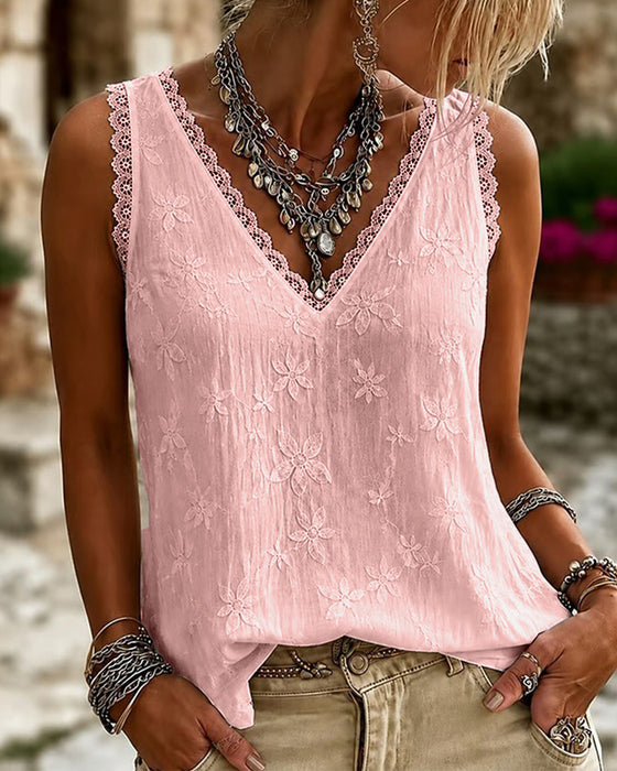 Tanktop V-Hals Effen Kleur Kant