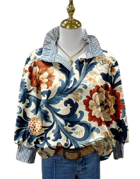 Vintage Bloemen Patchwork Streep Knoopsgat Blouse