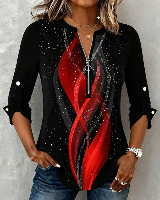 Langmouwige Gedrukte Top Met Halve Rits