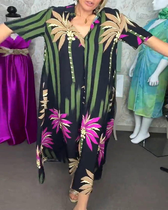 Casual losse jurk met split met bladprint en korte mouw