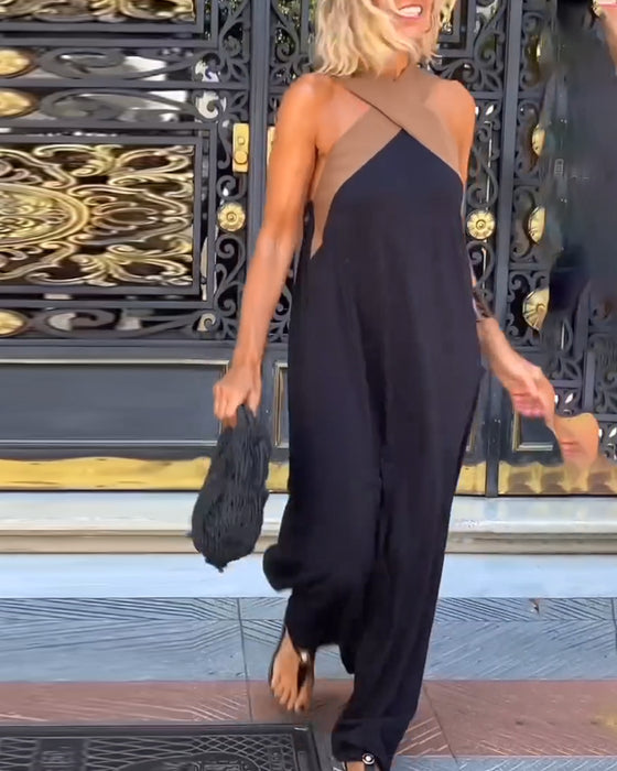 Kruisvormige Rugloze Elegante Jurk Met Contrastkleur