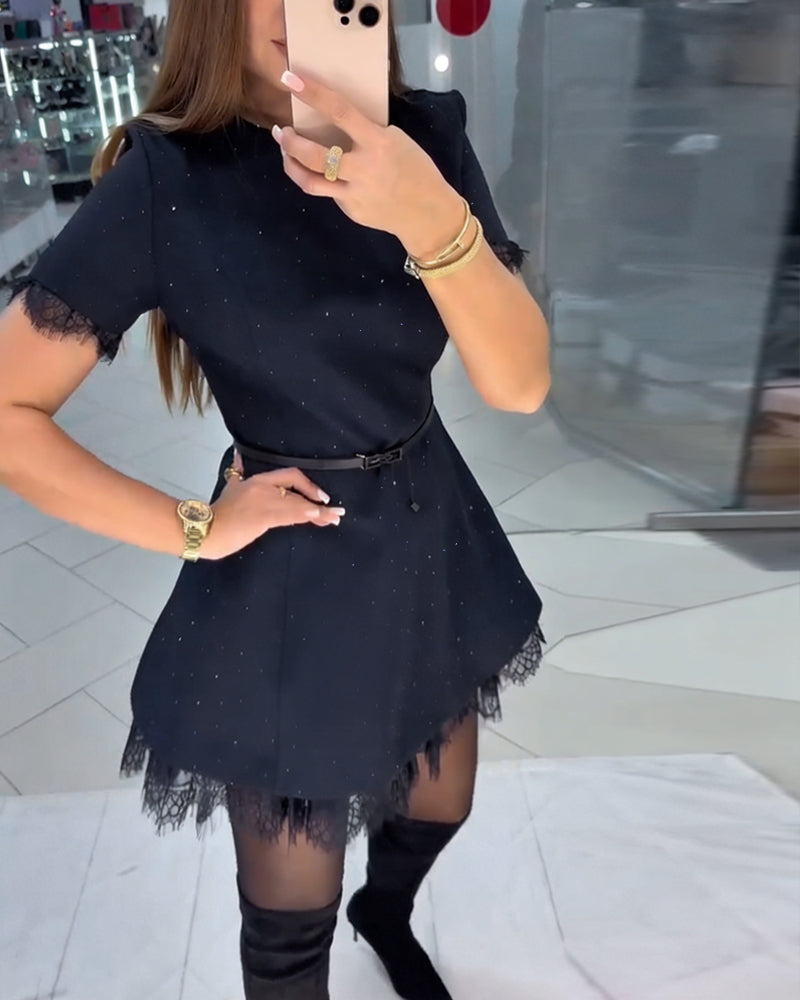 Glinsterende Kantjurk Met Korte Mouwen En A-Lijn