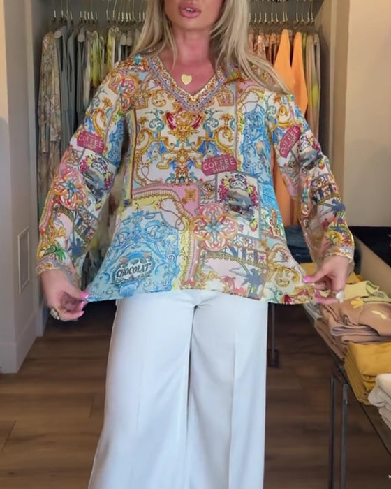 Blouse V-Hals Bohemian Print Casual
