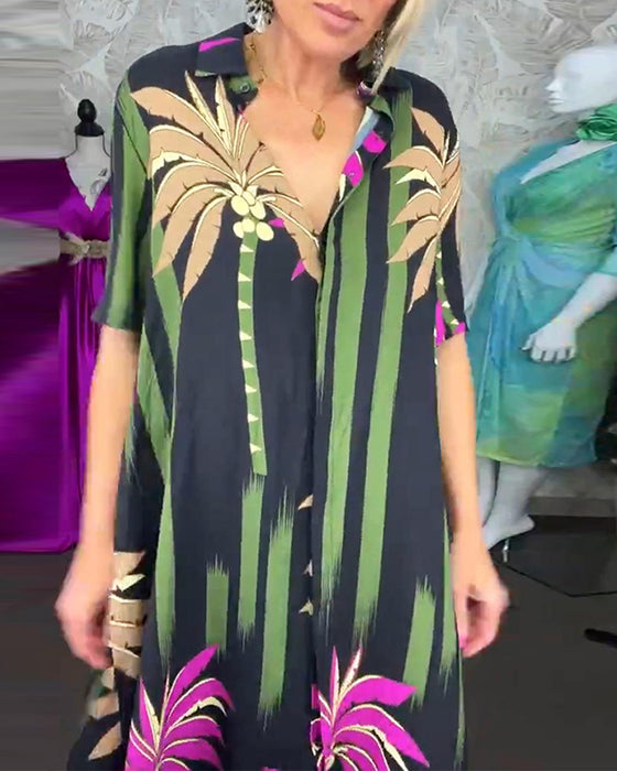 Casual losse jurk met split met bladprint en korte mouw