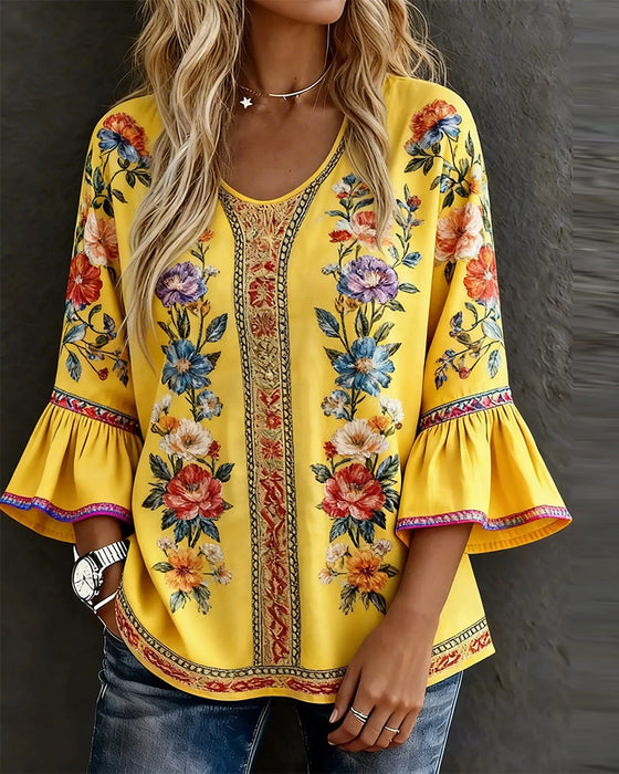 Blouse Ruche Uitlopende Mouw Bloemen