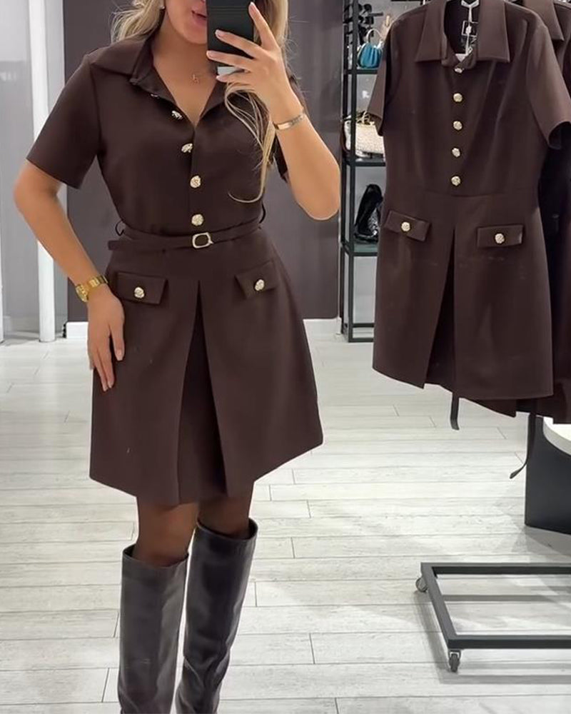 Jurk Geknoopt Kraag Korte Mouw