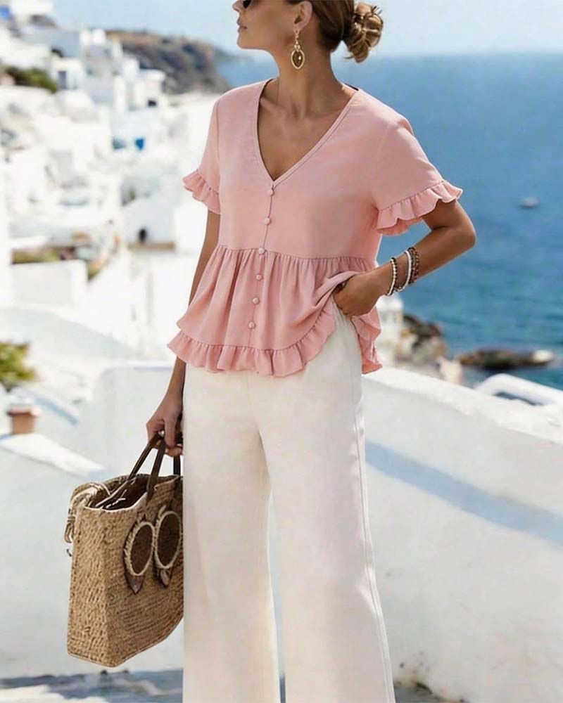 Blouse V-Hals Ruffle Parel Knoop