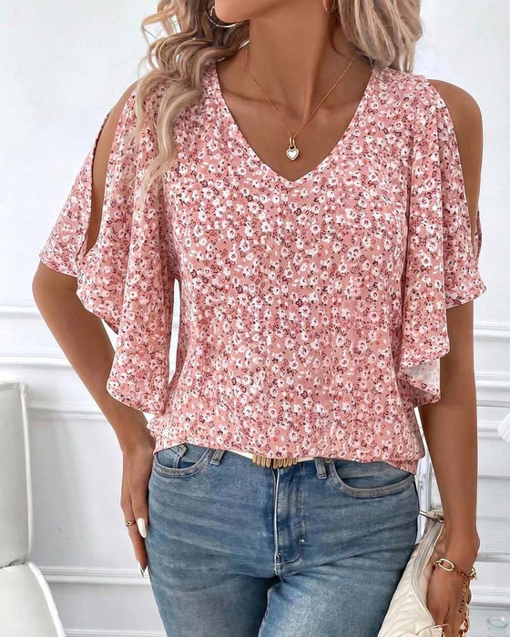 Blouse V-Hals Bloemen Off-Shoulder Flutter Mouw